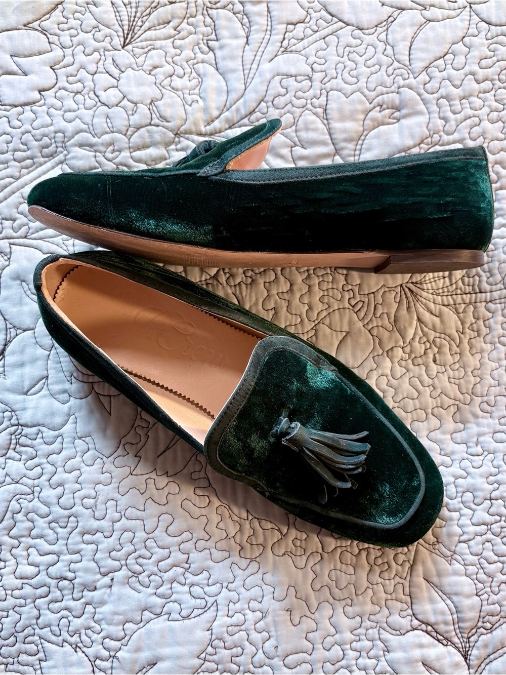 J.Crew Marie Velvet Tassel Loafers Dark Green Slip-On Flats Leather Sole Sz 9🧡